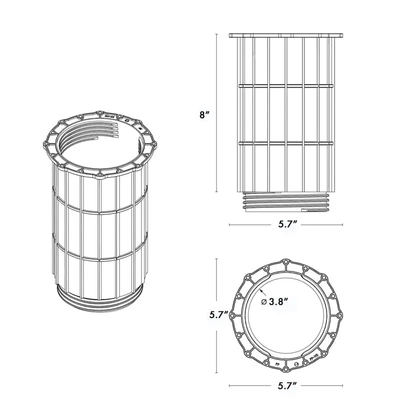 8" Extender Sleeve for adding height to SD-XL adjustable pedestals dimension drawing