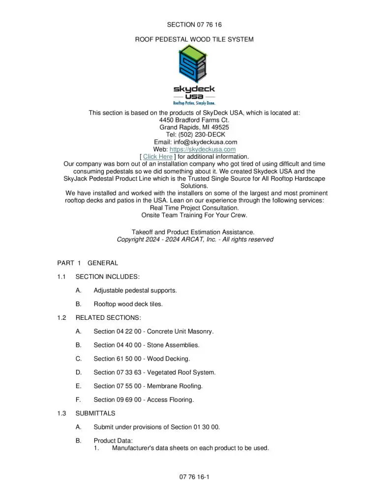 thumbnail of SkyWalk Roof Pedestal Wood Tile System Specification